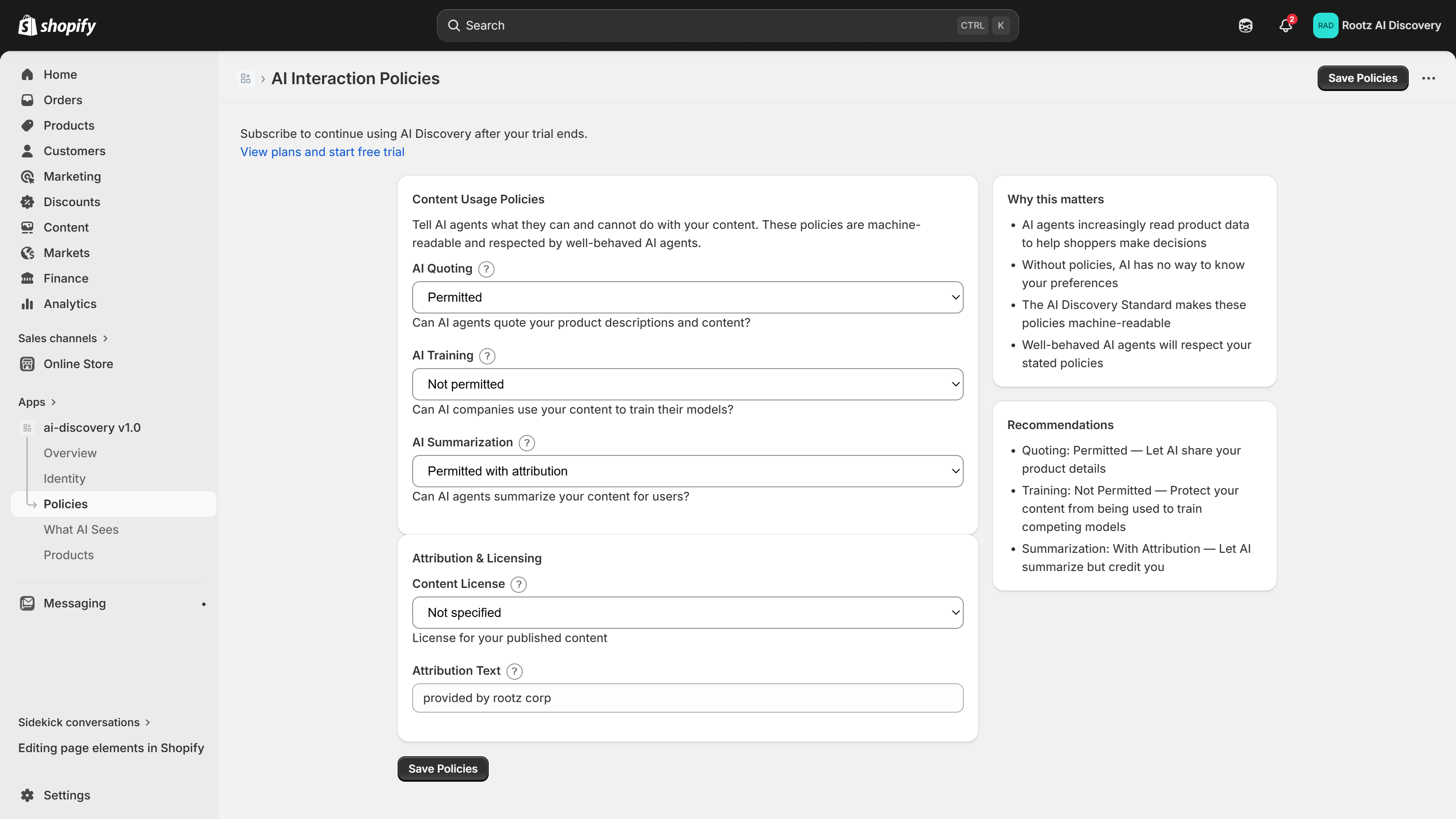 Policies tab — AI quoting, training, summarization, and licensing controls