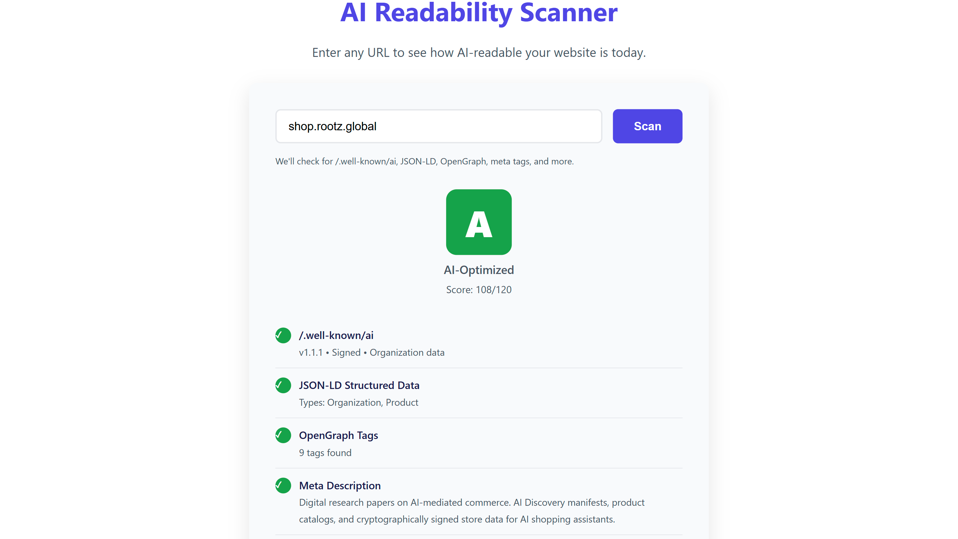 AI Readability Scanner — shop.rootz.global scoring A grade 108/120